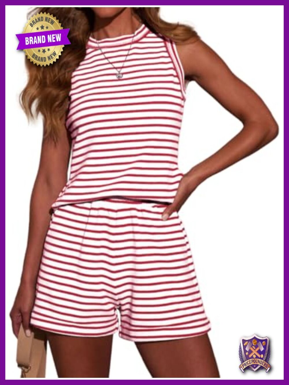 Women's 2 Piece Outfit Cotton Spandex Striped Short Set Sleeveless Tank Top